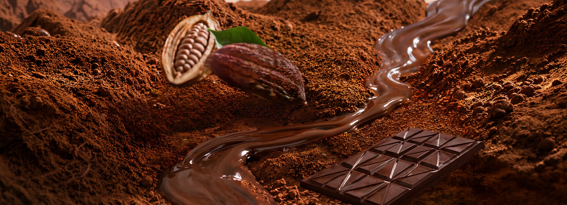 Khung cảnh đồi cacao, dòng sô-cô-la và thanh Sô Cô La Đen