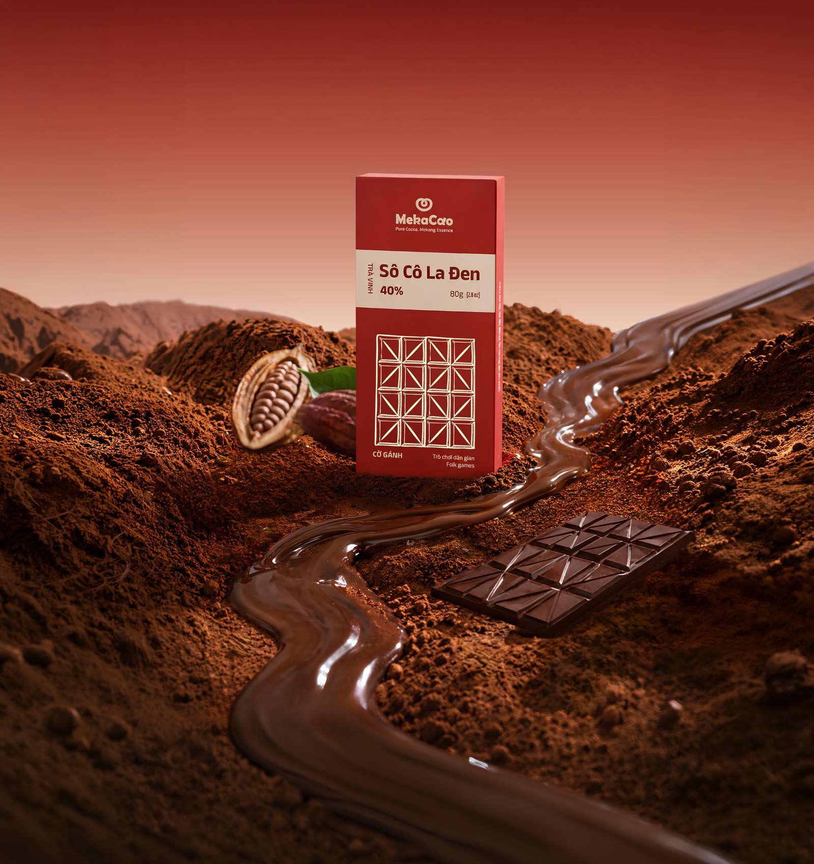 Thanh sô cô la đen MekaCao trên đồi bột cacao và dòng chảy sô-cô-la