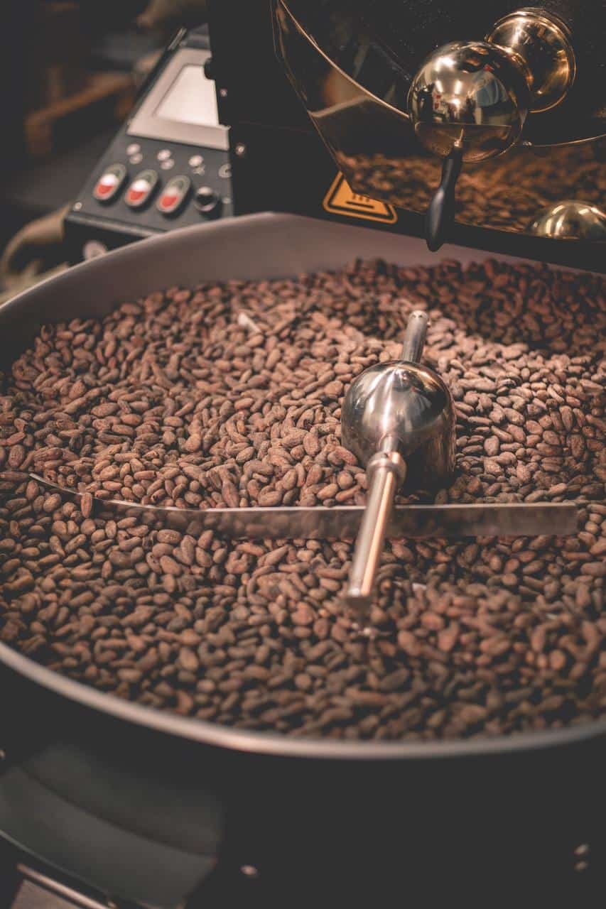 Hạt cacao đang được rang trong máy rang